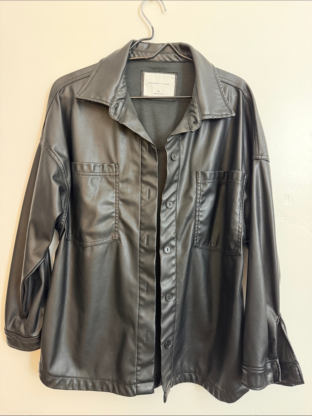 Celebrity Pink Black Faux Leather Button-Down Shirt
